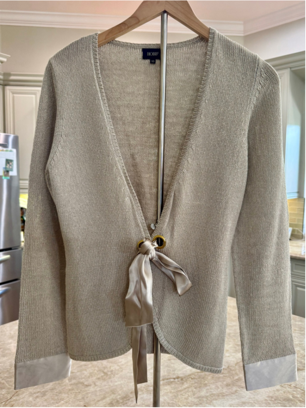 Hobbs Beige silk Cardigan Size 10 with Satin Tie Detail